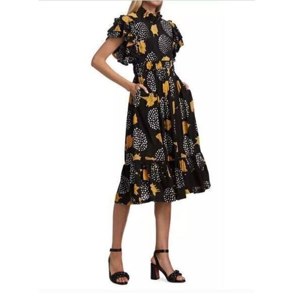 Busayo Black Yellow Puff Sleeve Print Maxi Dress - Picture 1 of 13